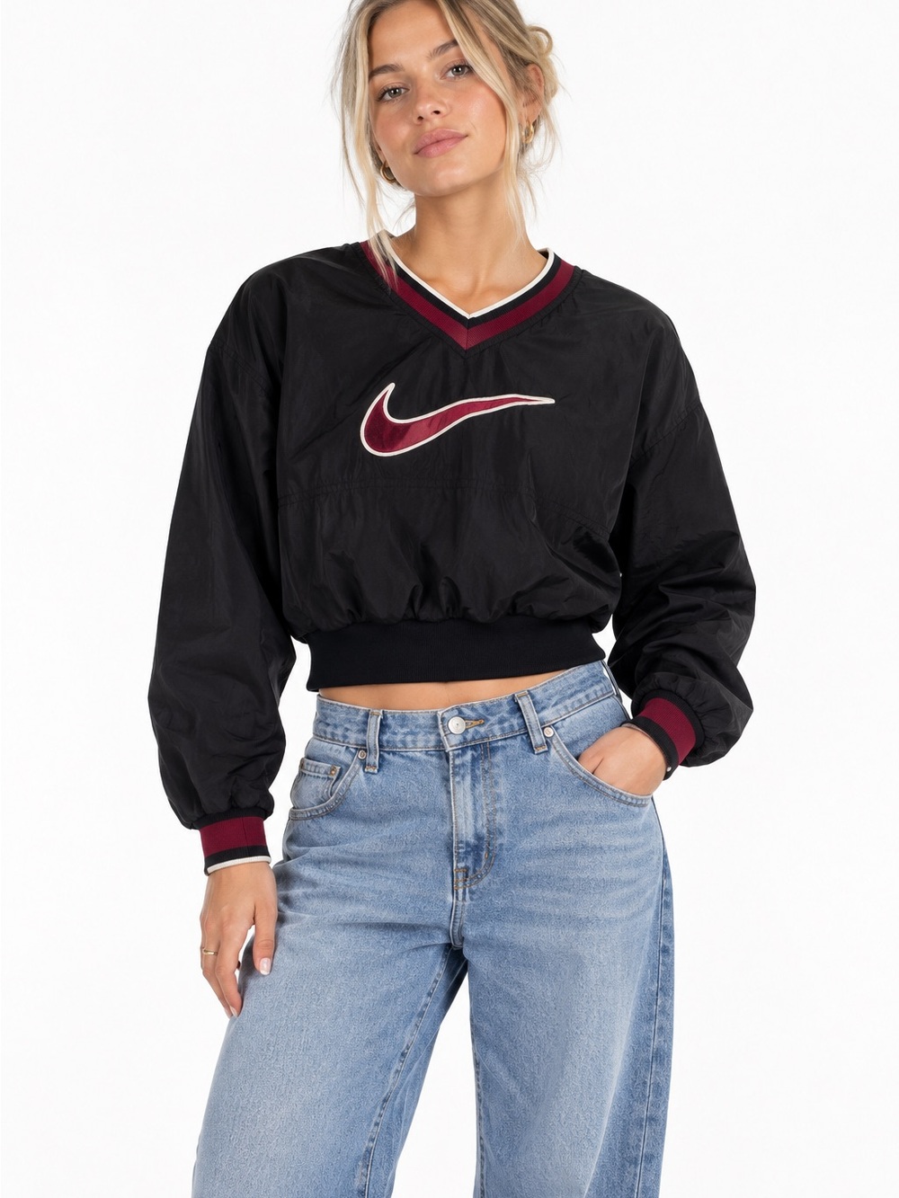 Nike Black & Burgundy Cropped Bomber Pullover Jacket